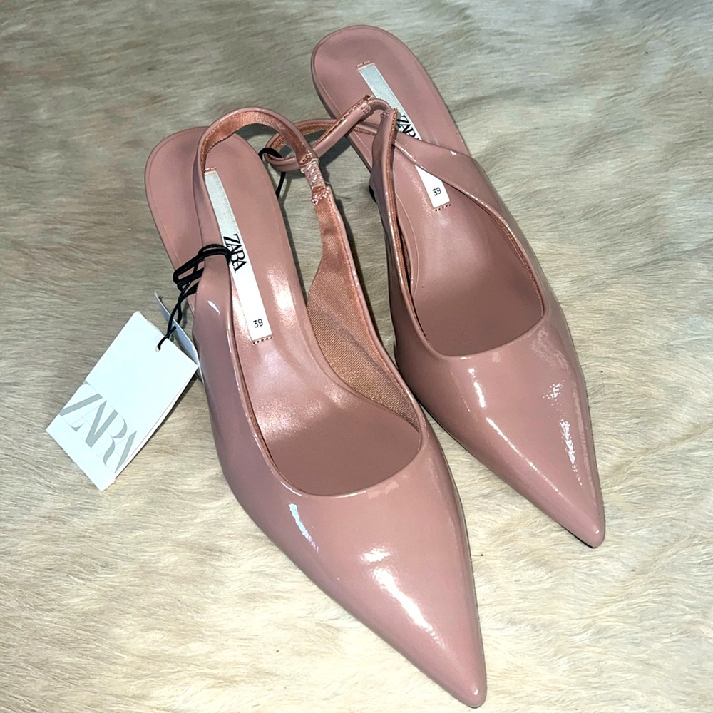Zara neutral kitten heel patent shoe